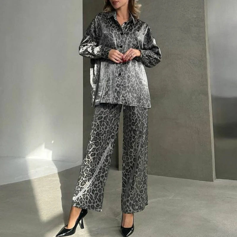 Leopard Print 2-Piece Set – Chic Shirt & Pants Outfit