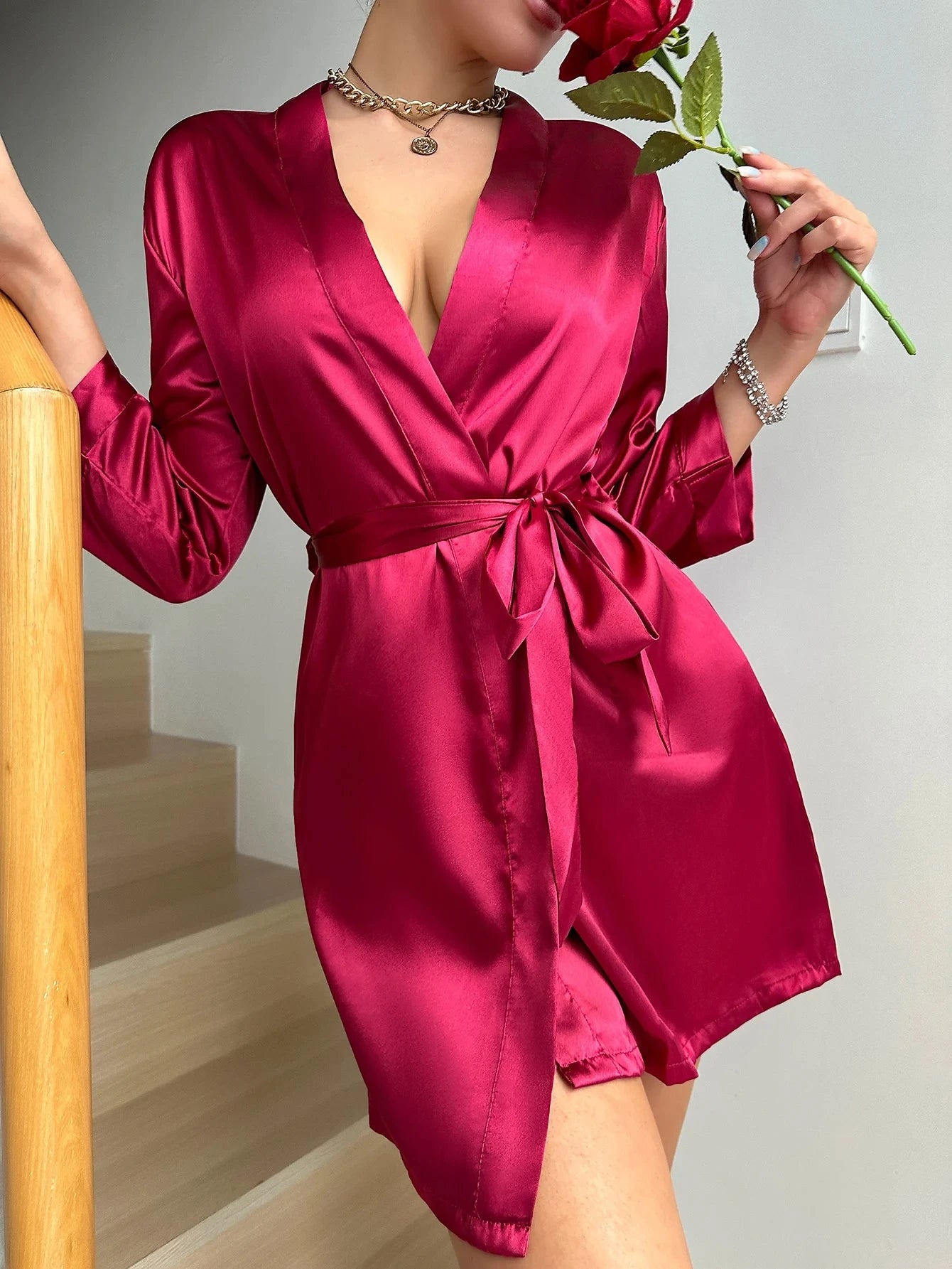 Solid Satin V-Neck Night Robe