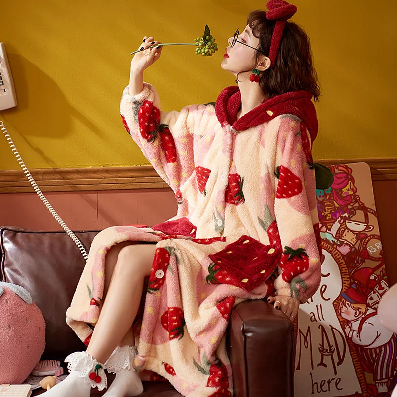 Strawberry Hooded Nightgown – Cozy & Cute Winter Wear