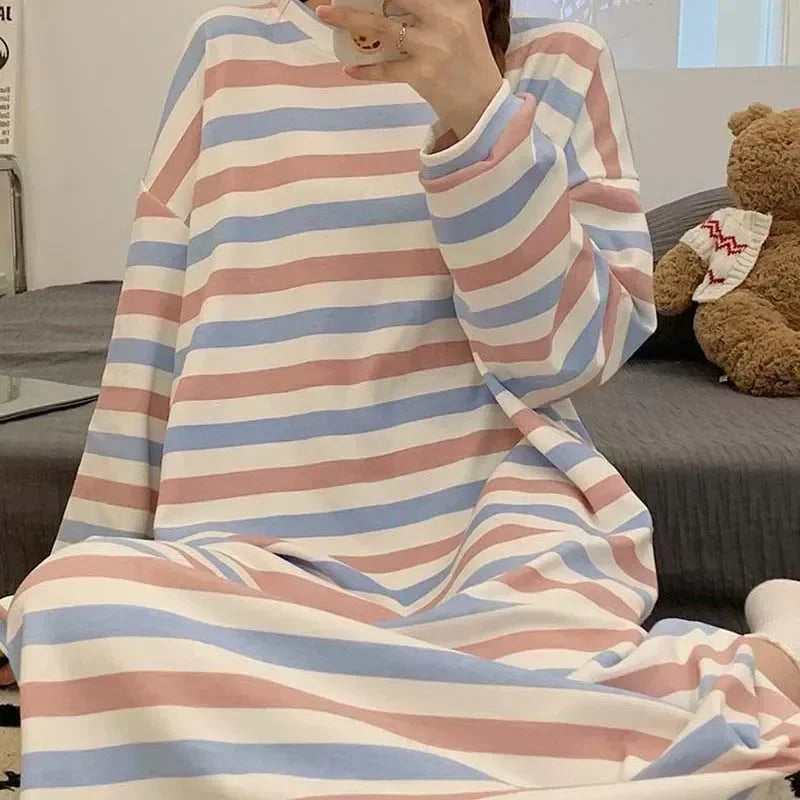 Striped Long Sleeve Nightgown – Cozy Autumn Pajamas
