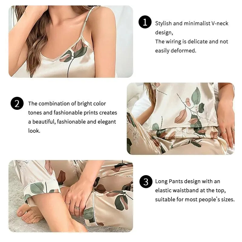 Leaf Print Satin Pajama Set