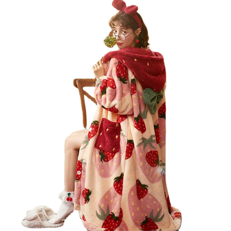 Strawberry Hooded Nightgown – Cozy & Cute Winter Wear