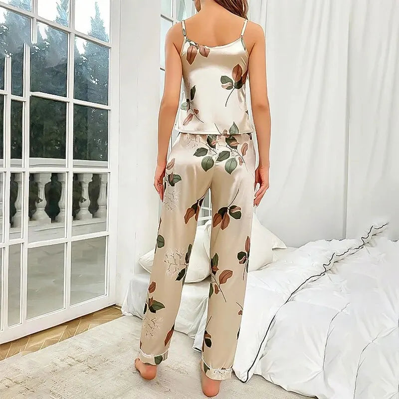 Leaf Print Satin Pajama Set