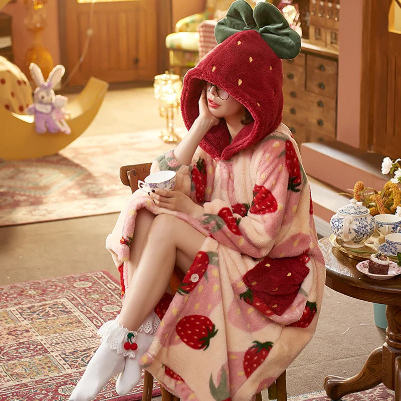 Strawberry Hooded Nightgown – Cozy & Cute Winter Wear