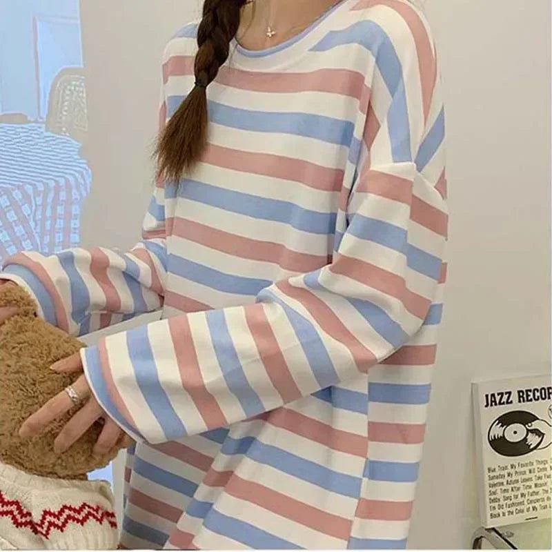 Striped Long Sleeve Nightgown – Cozy Autumn Pajamas