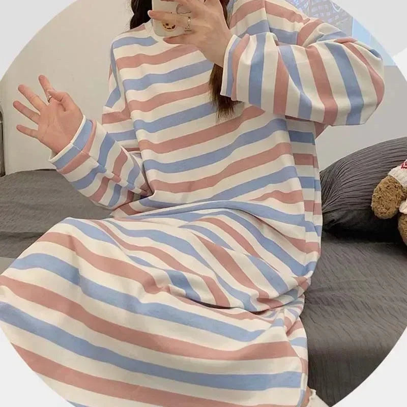 Striped Long Sleeve Nightgown – Cozy Autumn Pajamas