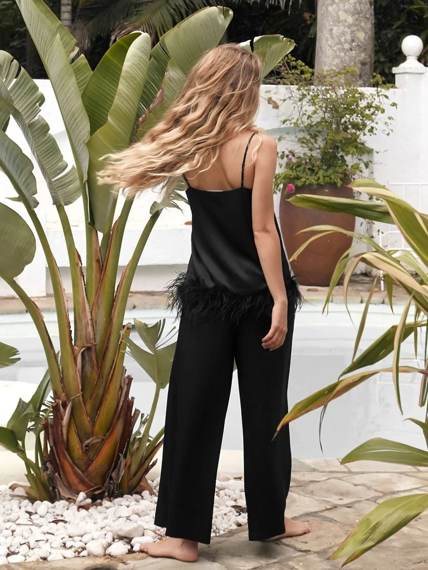 Feather Satin Pajama Set – Elegant Sleepwear with Spaghetti Straps