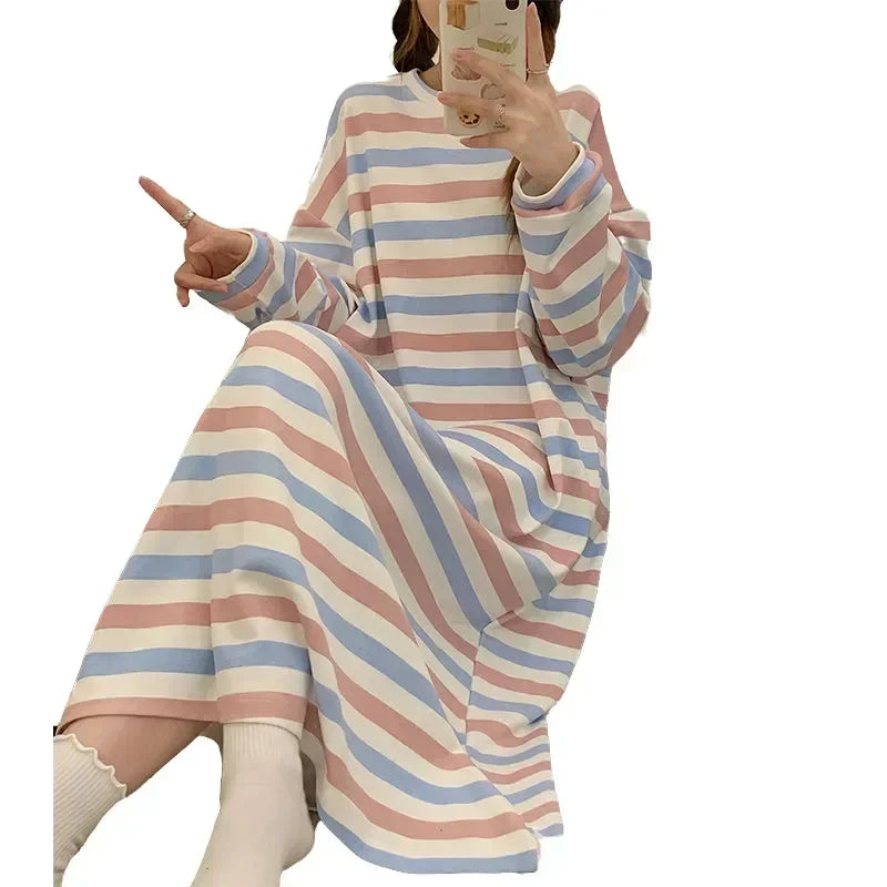 Striped Long Sleeve Nightgown – Cozy Autumn Pajamas