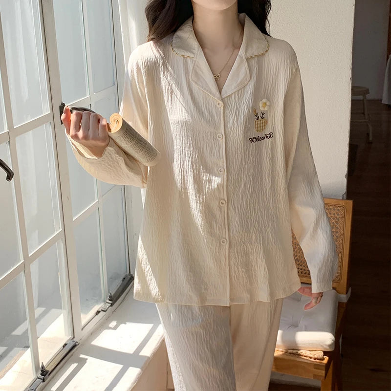Korean Style Embroidered Flower Pajama Set – Sweet Sleepwear