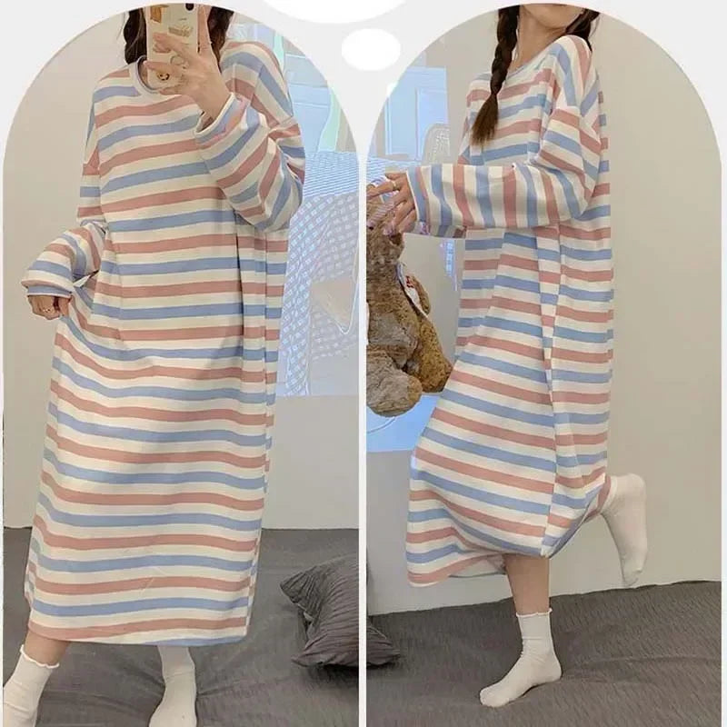 Striped Long Sleeve Nightgown – Cozy Autumn Pajamas