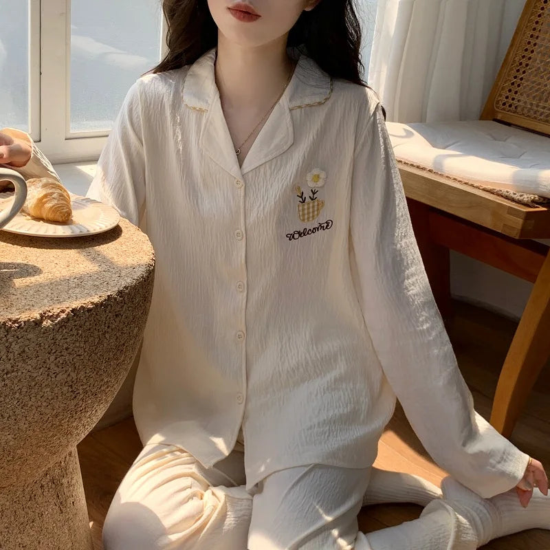 Korean Style Embroidered Flower Pajama Set – Sweet Sleepwear